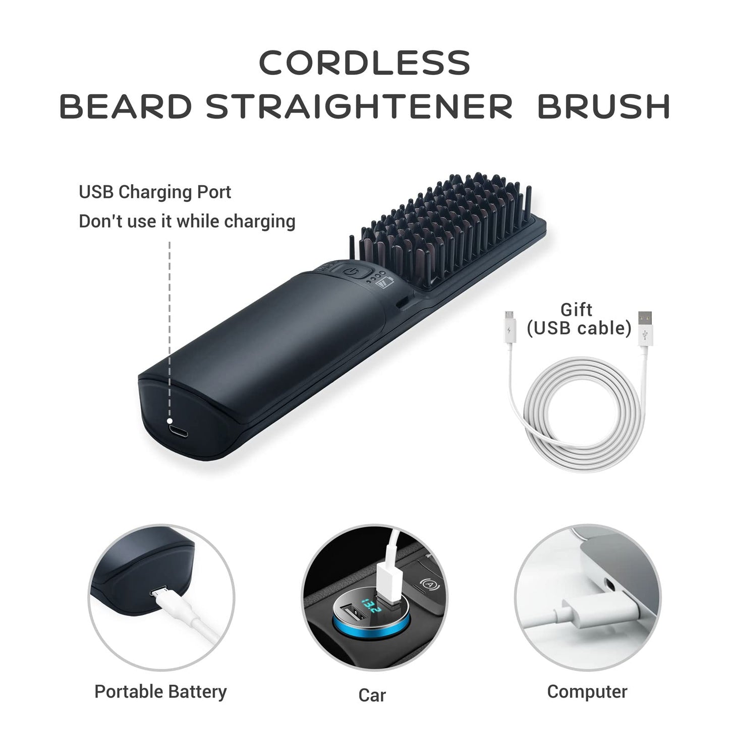 IHHAIR Premium Beard Mini Straightener Brush, Professional Straightener Brush for Men, Rechargeable 6400 mAh Straightening Tool Heated Comb, for Short