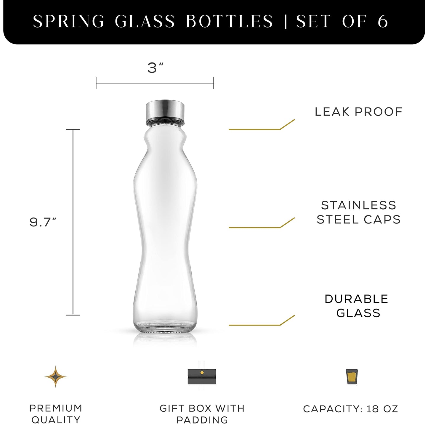 JoyJolt Spring Glass Water Bottles Set of 6-18 oz Glass Bottles with Stainless Steel Caps - Glass Drinking Bottles with Leakproof Lids - Reusable