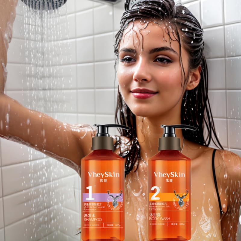 VheySkin Multiple Amino Acid Hair Shampoo and Body Wash Set, Silicone-Free Formula, Natural Fragrance, 300g Each, 2-Piece Bath Care Collection
