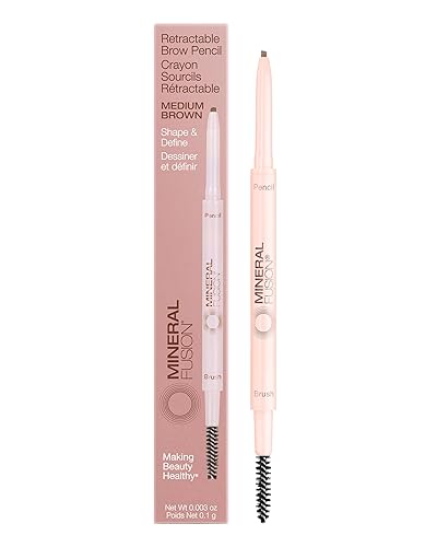 Mineral Fusion Retractable Brow Pencil (Medium Brown) - TZR 2025 Beauty Heroes Award Winner - Shape & Define Eyebrow with Blending Spoolie Brush…