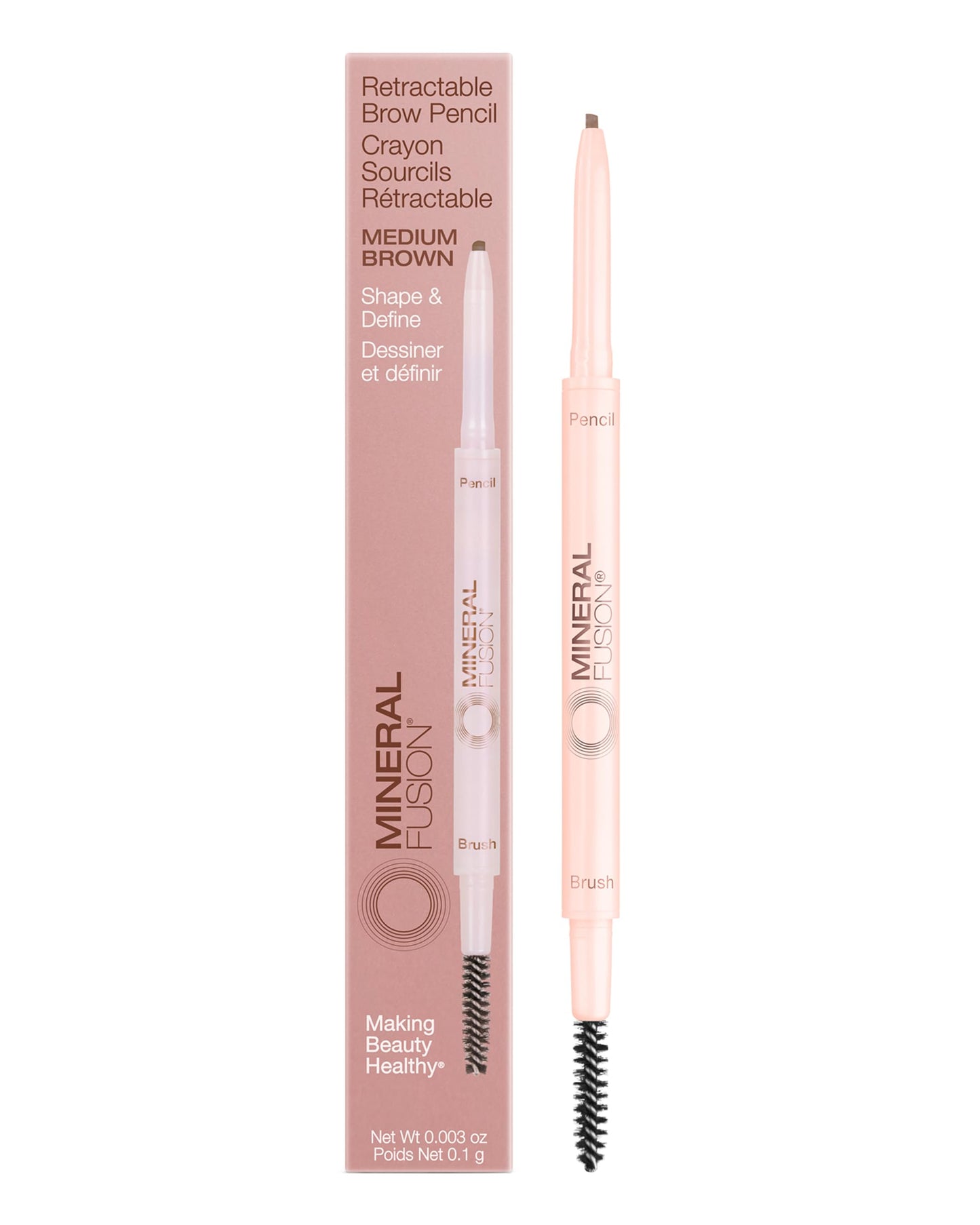 Mineral Fusion Retractable Brow Pencil (Medium Brown) - TZR 2025 Beauty Heroes Award Winner - Shape & Define Eyebrow with Blending Spoolie Brush…