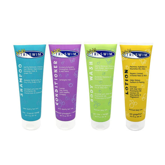 TRISWIM Kids After Swim Value Pack of 4 Travel Mesh Bag + Swim Care Chlorine Removal Body Wash + Swimming Lotion + Swim Shampoo and Conditioner 8.5 fl