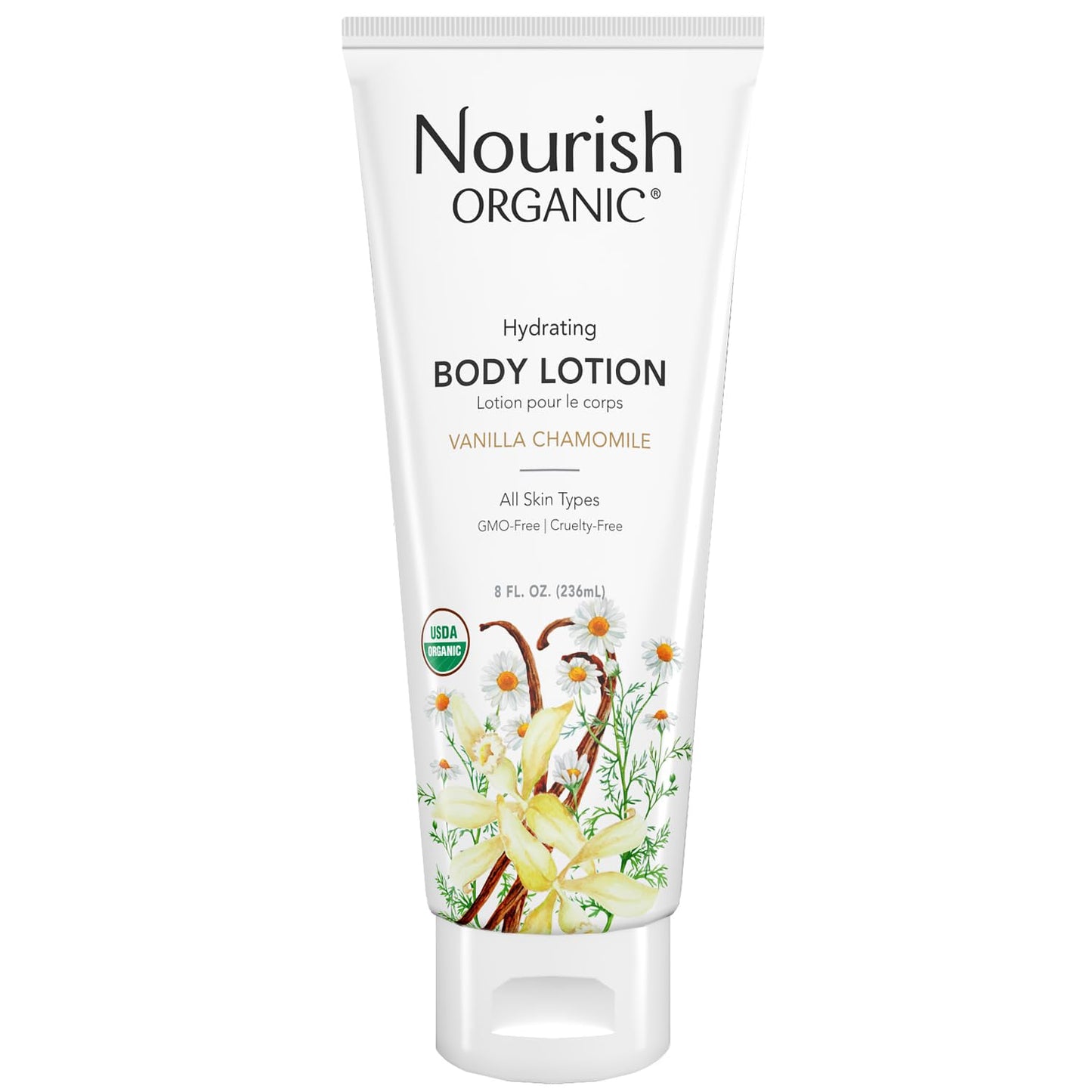 Nourish Organic Body Lotion, Almond Vanilla - Hydrating Body Lotion for Dry Skin with Aloe Vera & Shea Butter (8 Oz) + Washable Cotton Round