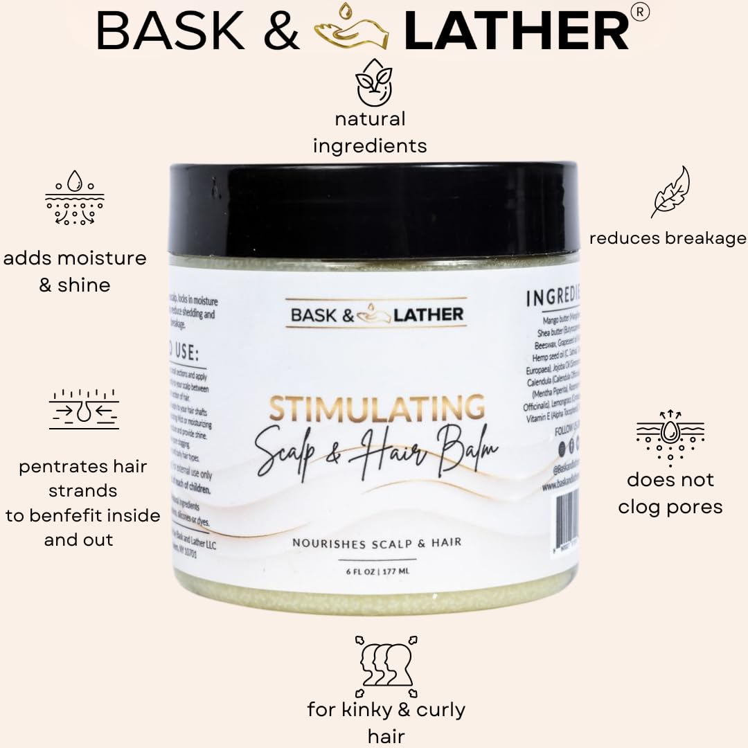 Bask & Lather Stimulating Scalp and Hair Balm for Hair Growth, Mango & Shea Butter, Nourishing Jojoba Oil, Peppermint & Rosemary Oil, Vitamin E, Scalp Beauty and Personal Care BASK & LATHER