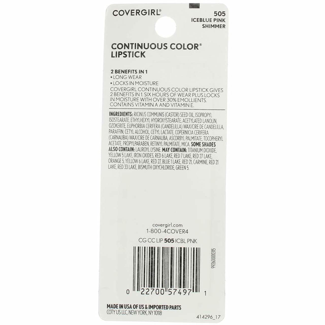 COVERGIRL Continuous Color Lipstick - 505 Iceblue Pink by CoverGirl for Women - 0.13 oz Lipstick