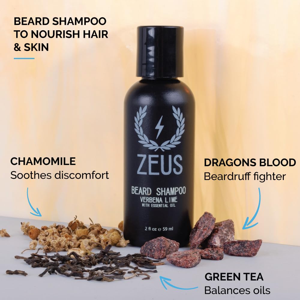 ZEUS Travel Beard Shampoo & Conditioner Combo for Men, Grooming Set with Green Tea & Essential Oils, Softens, Hydrates & Moisturizes Facial Hair (Made