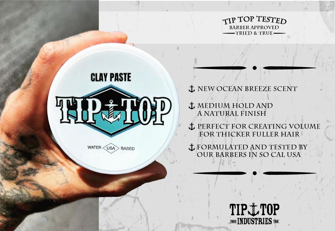 Tip Top Ocean Breeze Clay Paste - Volumizing Medium Hold, Natural Finish - Water Based Clay Pomade, Create Thicker Fuller Hair 4.25oz