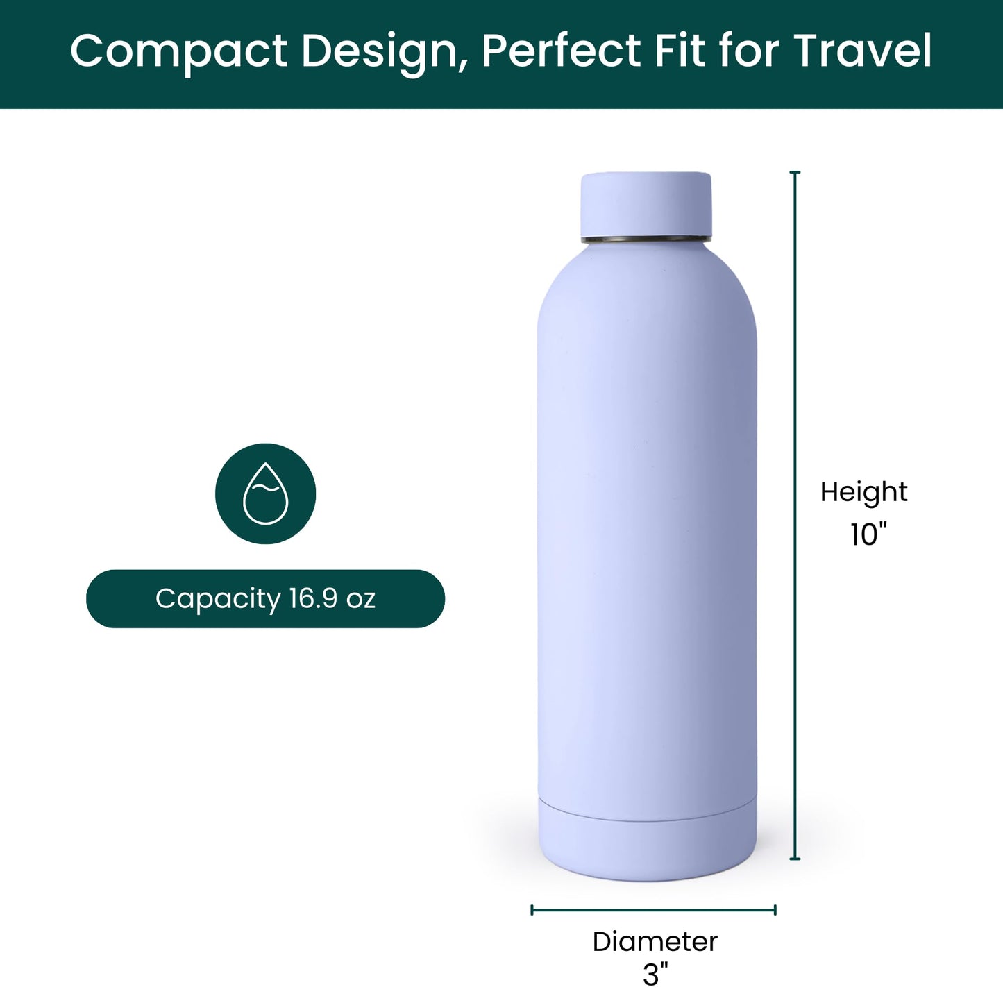 NOBL Stainless Steel Water Bottle,17 oz, 500 ml, Double Wall Vacuum Insulation, Sealed Bottle Keeps Drinks Cold 24 Hrs & Hot 12 Hrs, Leak Proof, Fits