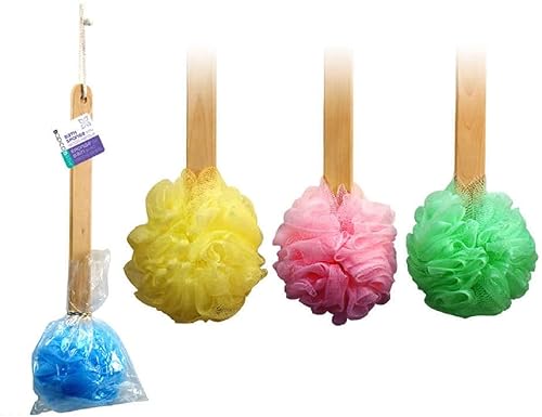 4pk 15" Long Wooden Handle Back Scrubber Bath Shower Mesh Sponge Exfoliating Body Brush Wash Nylon Puff Spa