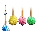 4pk 15" Long Wooden Handle Back Scrubber Bath Shower Mesh Sponge Exfoliating Body Brush Wash Nylon Puff Spa
