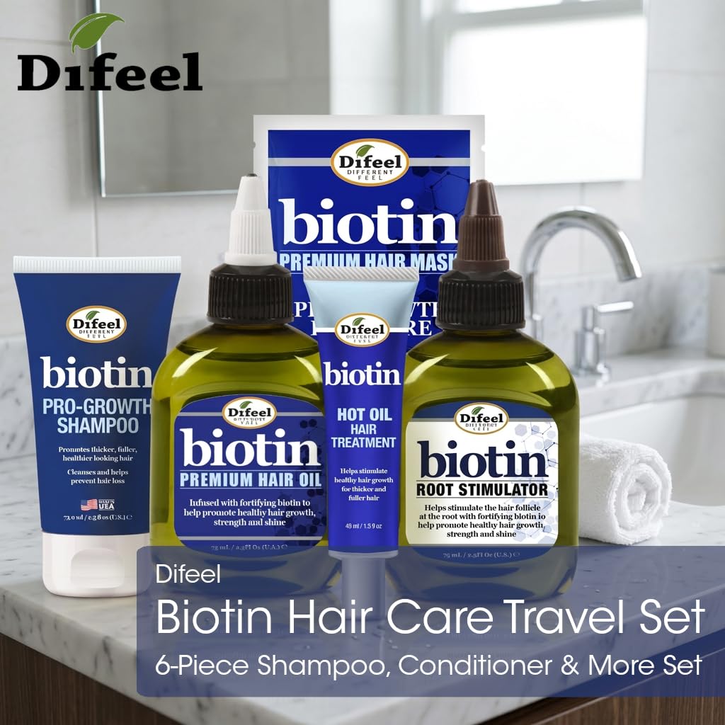 Difeel Biotin Hair Care Travel Set - 6-Piece Shampoo, Conditioner & More Collection - Travel Shampoo & Conditioner Set with Hair Oil, Hair Mask, Hot