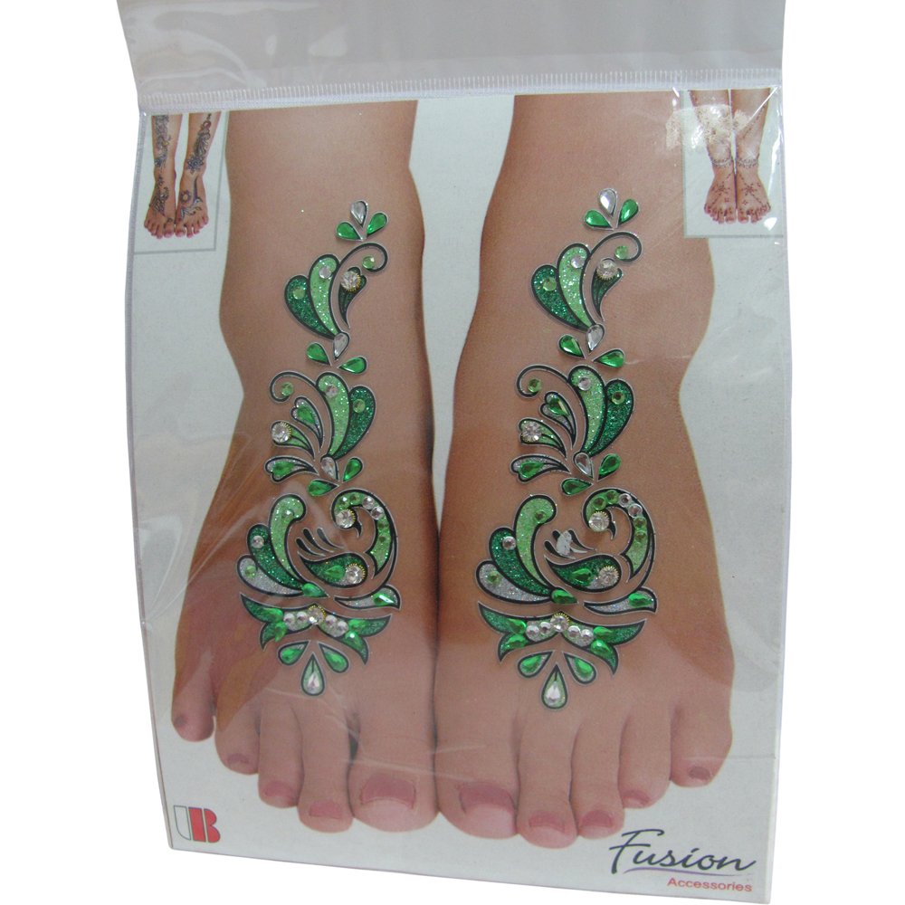 Indian Fashion Art Bollywood Feet Tattoo Sparkling Rhinestone Stick-On Reuseable Bindi (Green)