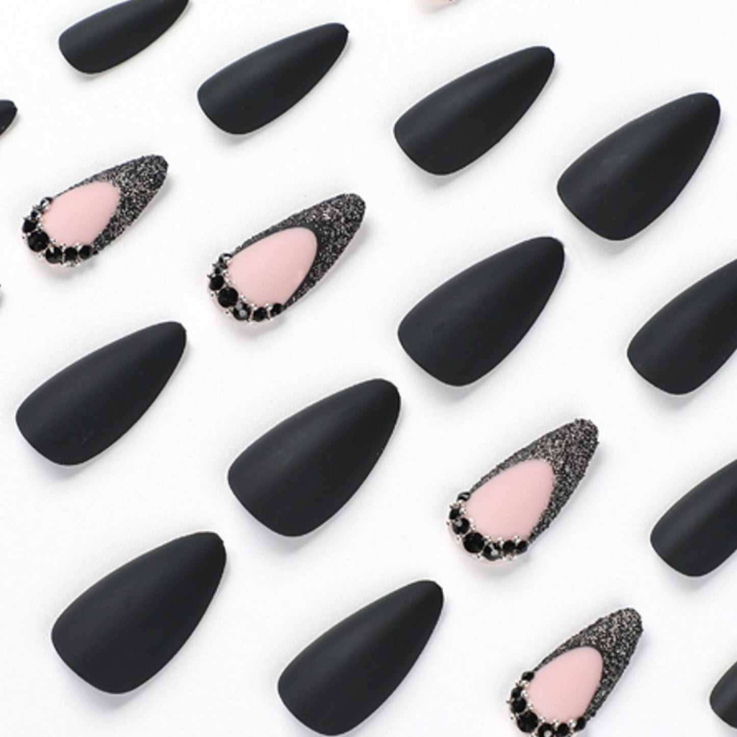 IMSOHOT Medium Press on Nails Almond Matte Black Fake Nails French Tips Acrylic False Nails with Rhinestone Designs