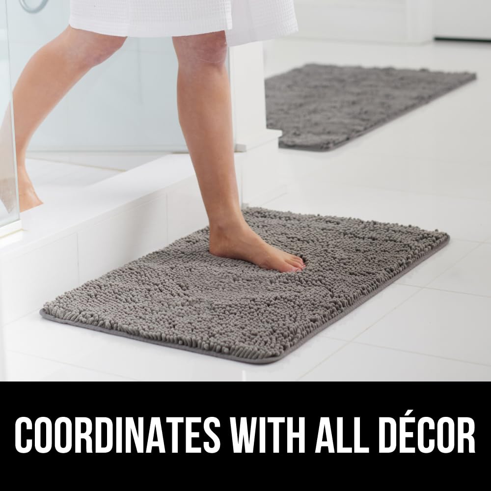 GORILLA GRIP Chenille Bath Rug Mat 24x17 – Soft, Absorbent, Quick-Dry, Rubber Back, Washable Bathroom Mat – Grey
