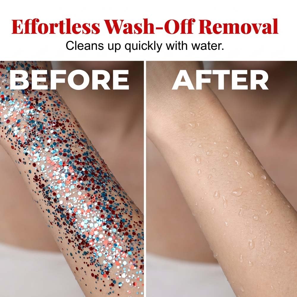 Waterproof Red White Blue Hair Glitter Stick for Patriotic Celebrations &Game Days, 4th of July Glitter Stick, Sparkling Face&Body Makeup with Star