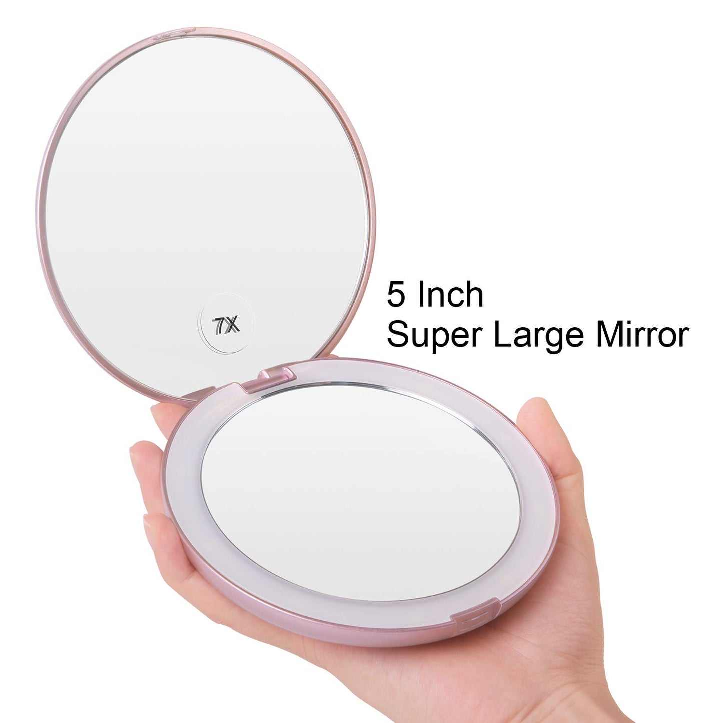 Gospire 5" Lighted Travel Makeup Mirror 1X/7X Magnifying Double Sided, Super Large LED Compact Portable Handheld Pocket Illuminated Cosmetic Vanity