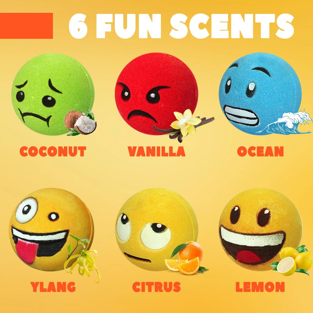 HZEX Large Emotion Face Bath Bombs Set of 6 - Fun Emoji-Inspired Spa Fizzies - Handmade with Shea Butter, Cocoa Butter & Essential Oils…