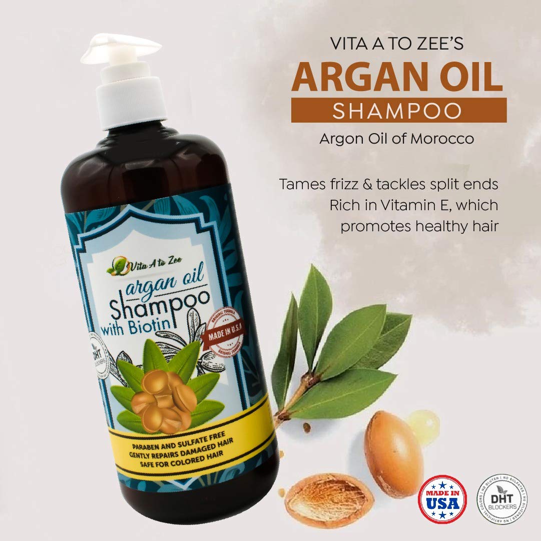 Vita A to Zee Moroccan Argan Oil & Biotin Shampoo (16.9 Fl Oz) | Professional Strength Formula | Natural Hair Repair, Moisturization Treatment