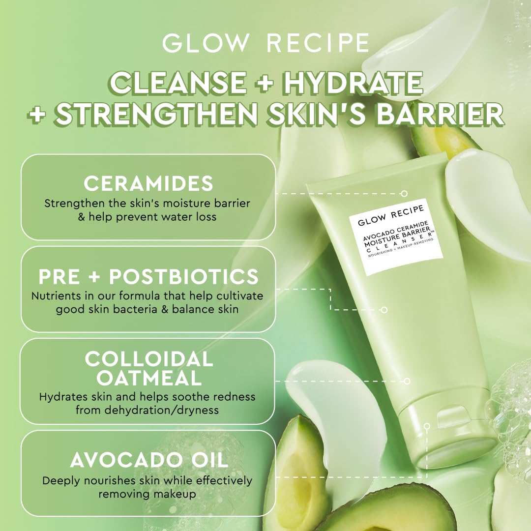 Glow Recipe Avocado Ceramide Facial Cleanser, Korean Double Cleanse Second Step, Hydrating Gel-to-Foam Face Wash for Dry Skin, Barrier Support