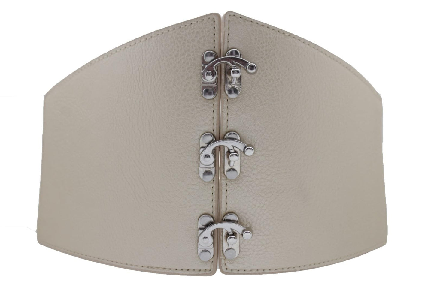 Women Elastic Waistband Wide Champagne Beige Corset Fashion Belt Silver Hook Plus Size L XL