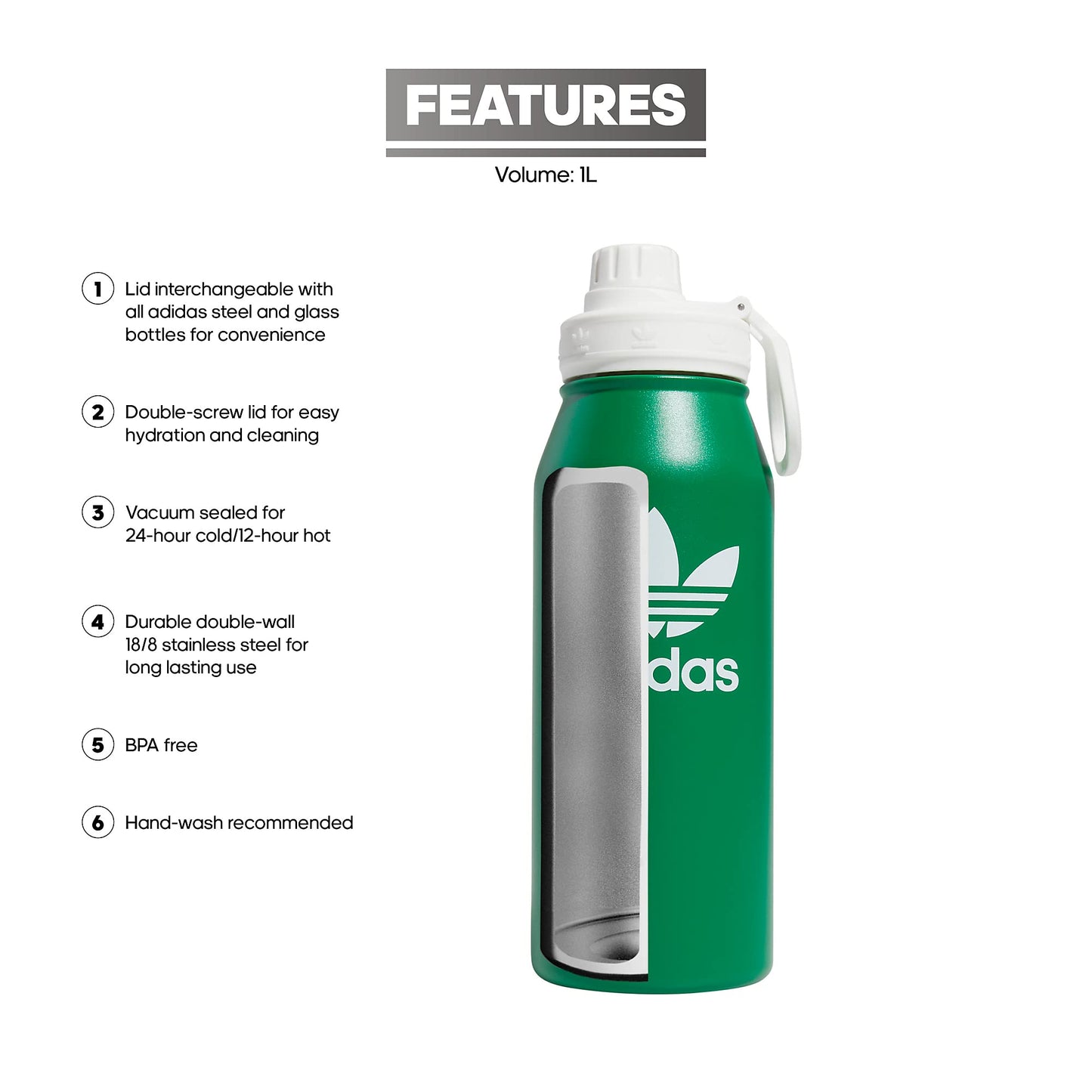 adidas Originals 1 Liter (32 oz) Metal Water Bottle, Hot/Cold Double-Walled Insulated 18/8 Stainless Steel, Green/White, 32 Ounces