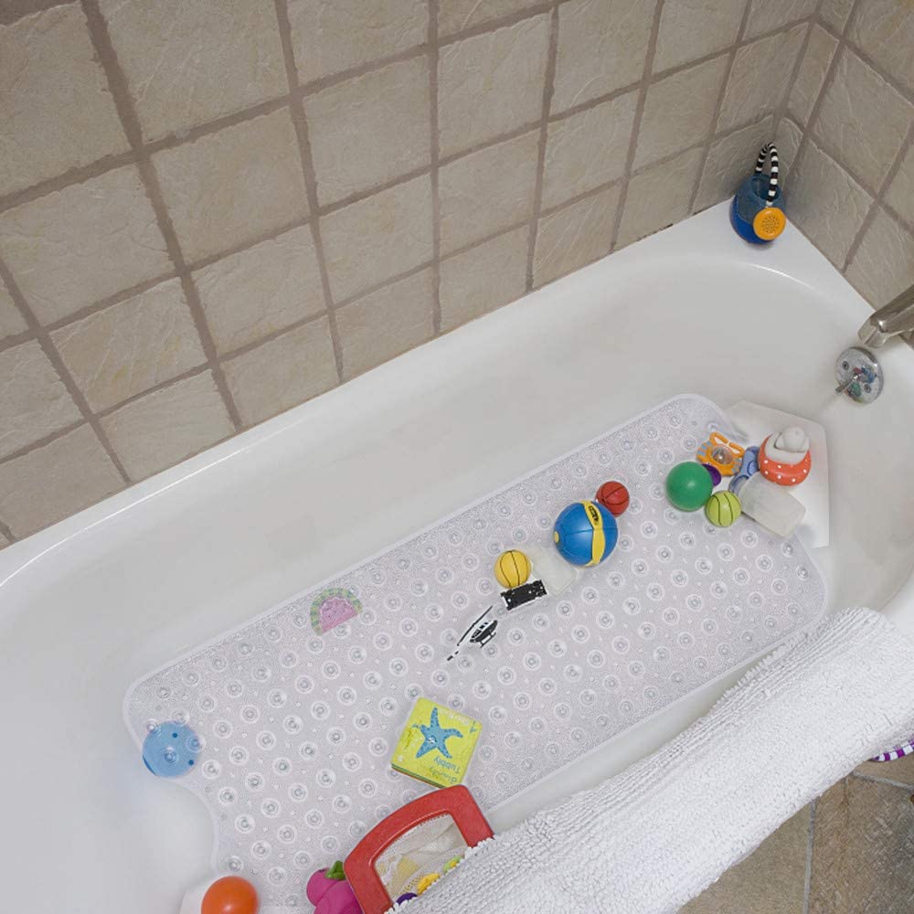 YINENN 40x16" Bath & Shower Mat – Non-Slip with Suction Cups, Drain Holes, Machine Washable, Extra Large Tub Floor Mat – Clear