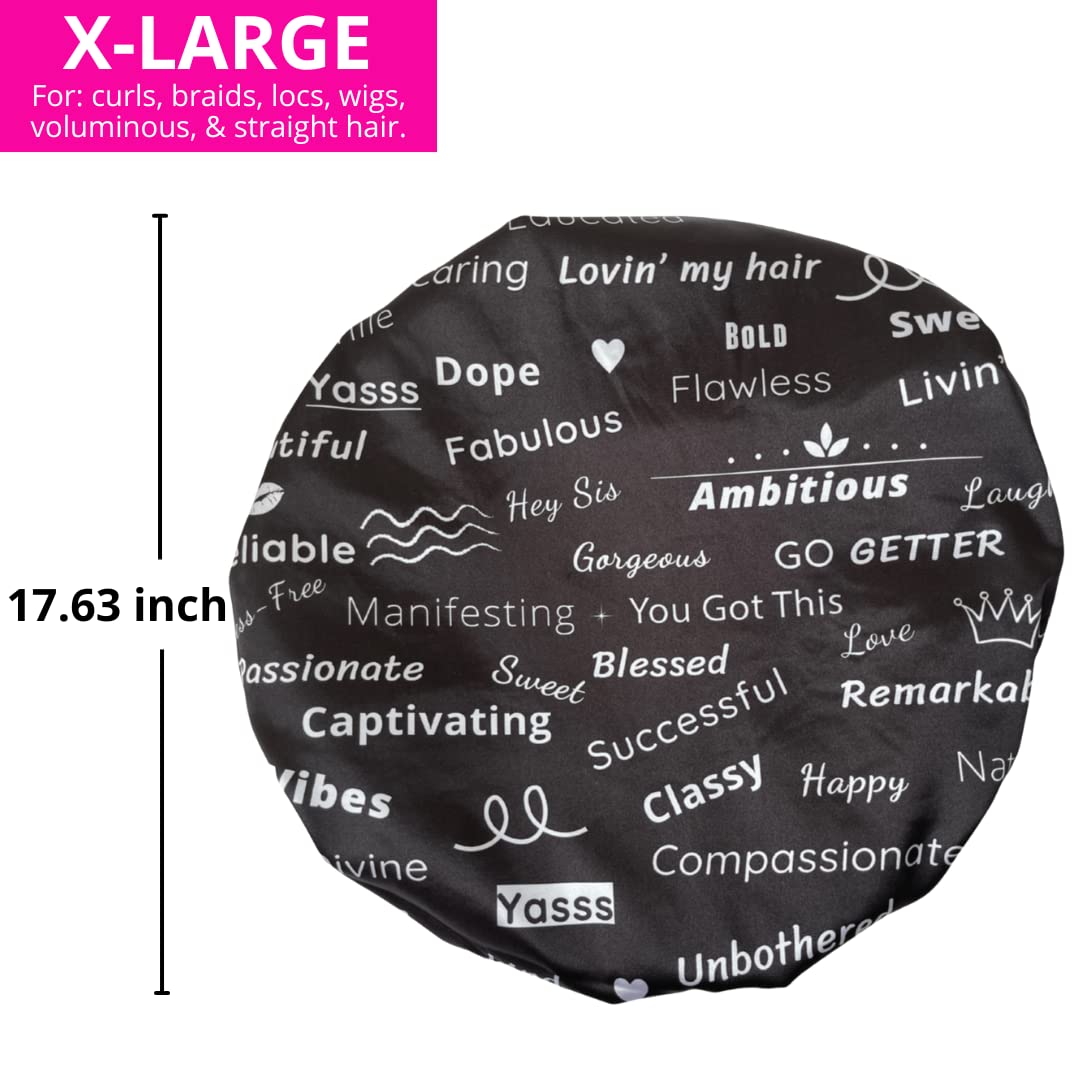 Shower Cap - Extra Large, Black, Satin lined inside, Reversible bonnet, Waterproof outer layer, Adjustable Elastic Strap, Reusable, Washable, Positive