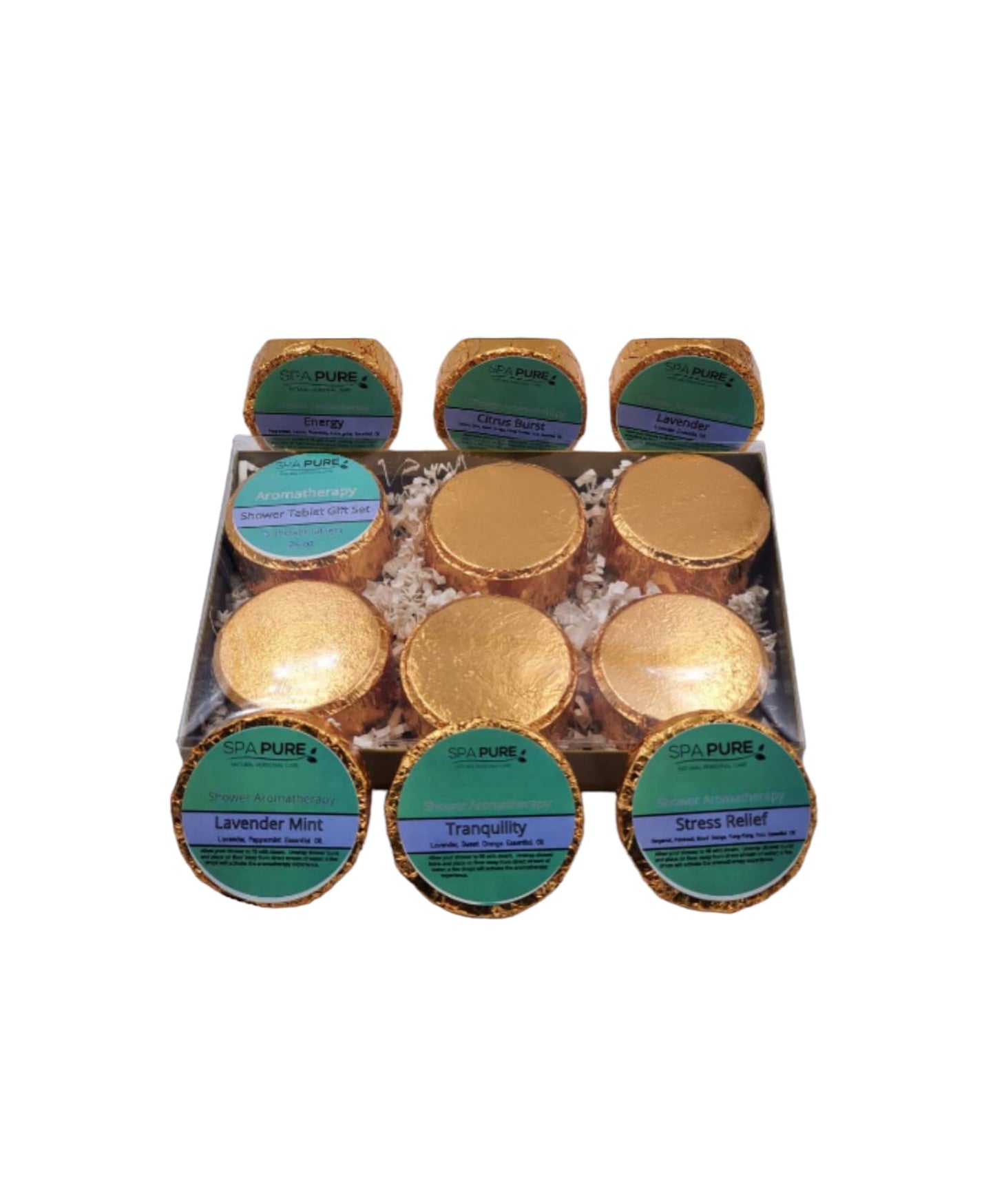 Spa Pure Aromatherapy Shower Tablets: 6 Individually Wrapped Shower Tablet Bomb Gift Set - 4 oz Tablets, Shower fizzies in Gold foils, Makes…