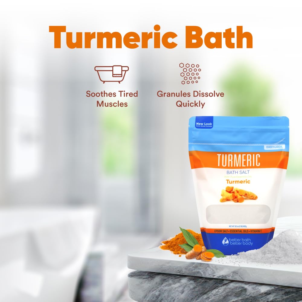 Turmeric Bath Salt 32 Oz Epsom Salt with Essential Oils Turmeric, Cinnamon, Orange Plus Vitamin C in BPA-Free Pouch with Easy Press-Lock Zipper |