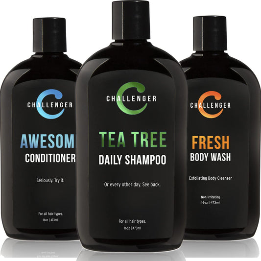 Challenger Men’s Tea Tree Shampoo, Conditioner, & Fresh Body Wash Trio, 3X 16 Oz Bottles | Sulfate Free w/Vitamins, Argan Oil, Biotin | Keratin