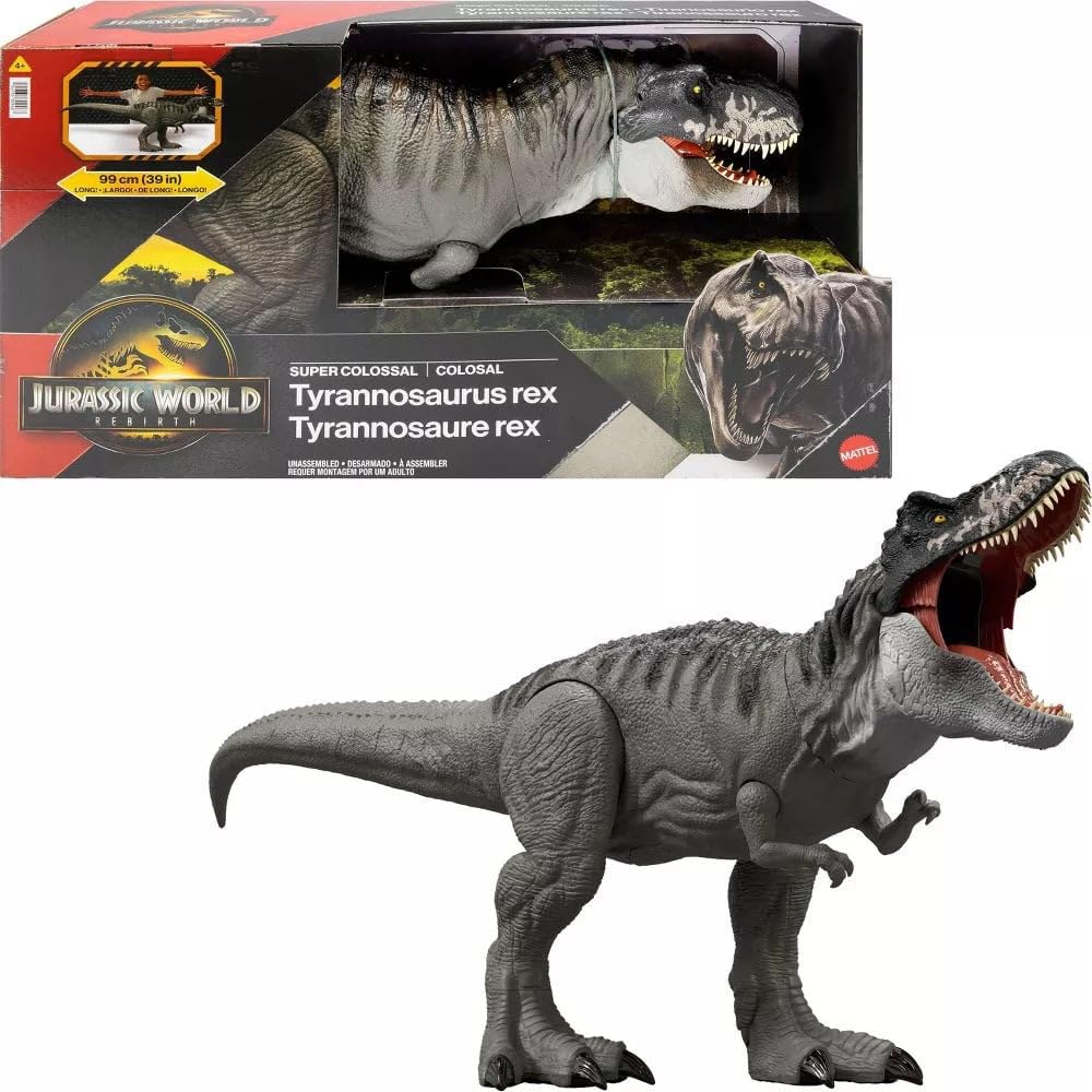 Mattel Jurassic World Rebirth Super Colossal Tyrannosaurus Rex Action Figure, T-Rex Dinosaur Toy Swallows Minis, Movie-Accurate Posable