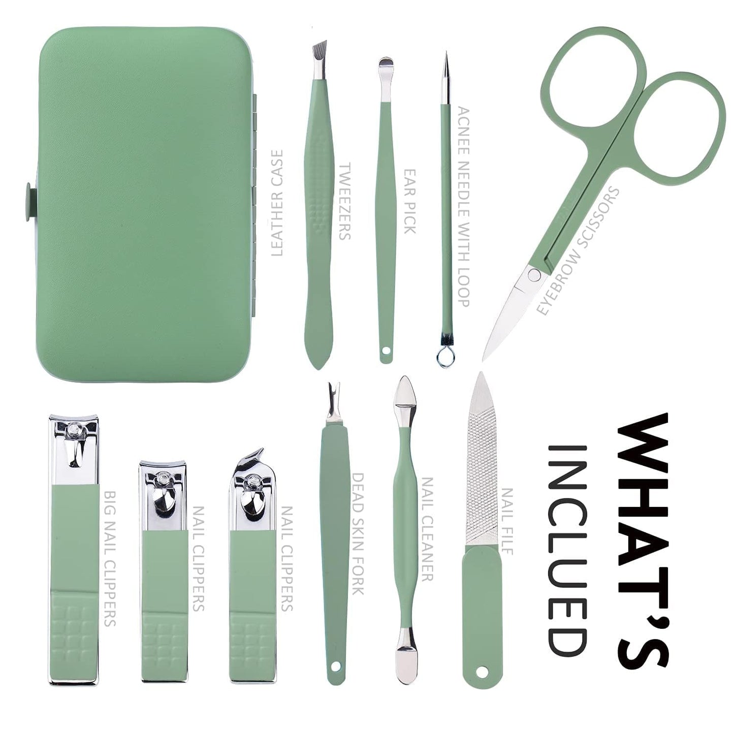 HANTEKAS Manicure Set 10 in 1 Stainless Steel, Nail Clippers Scissors Pedicure Tools Kit - Portable Travel Grooming Kit for Men and Women with Leather