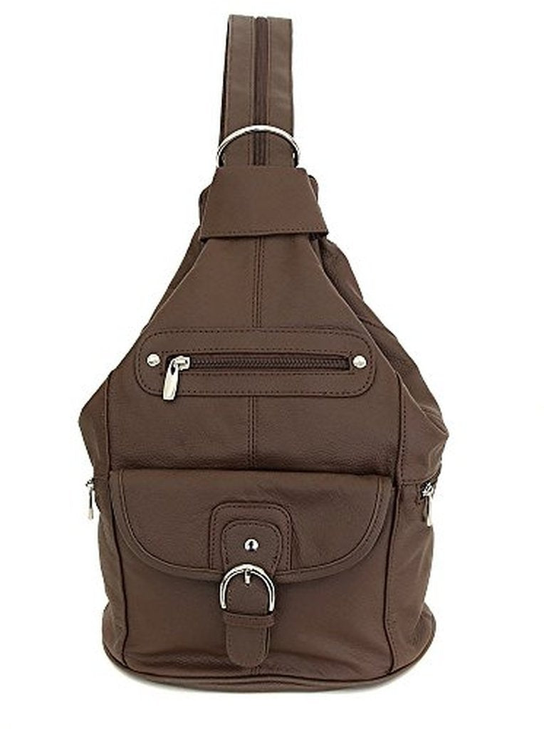 Womens Leather Convertible 7 Pocket Medium Size Tear Drop Sling Backpack Purse Shoulder Bag, Dark Brown