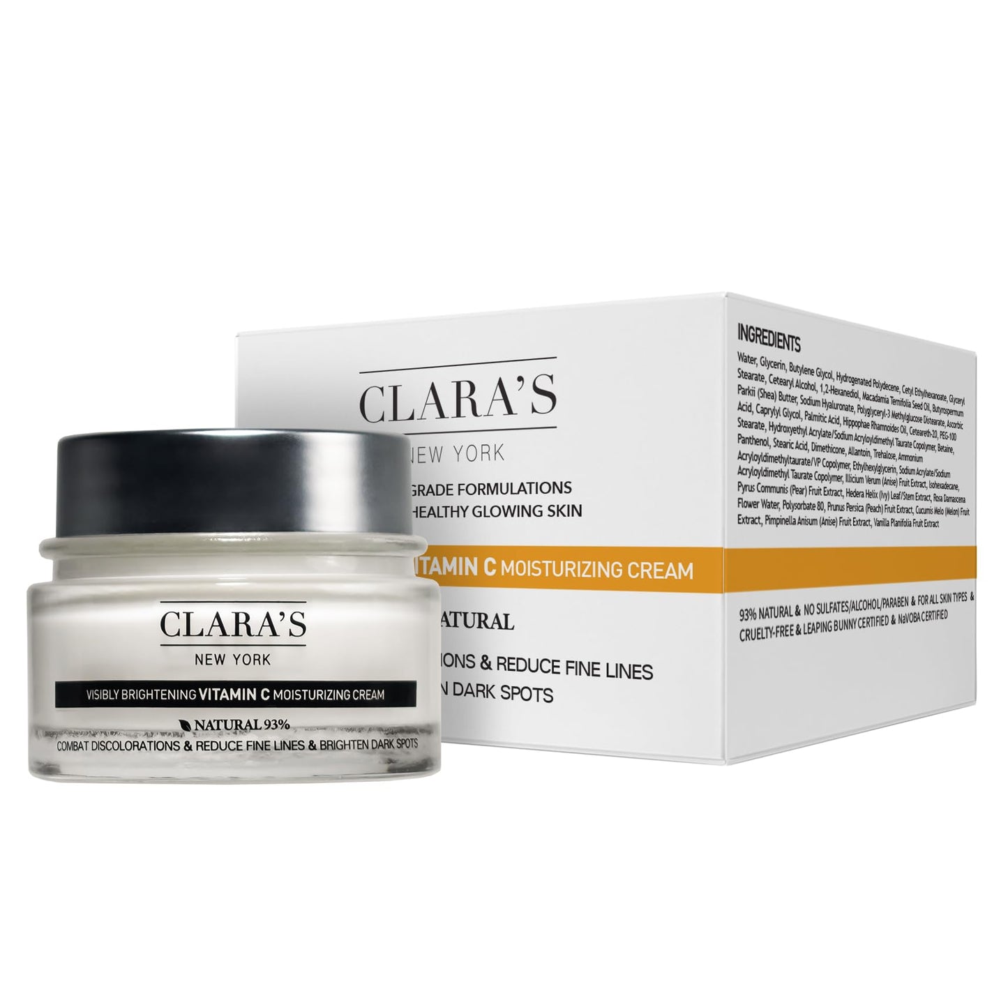 CLARA'S NEW YORK | Brightening Vitamin C Moisturizer Face Cream | with Hyaluronic Acid | Acne Scars Dark Spots Reduce Fine Lines, Healthy Glowing Skin