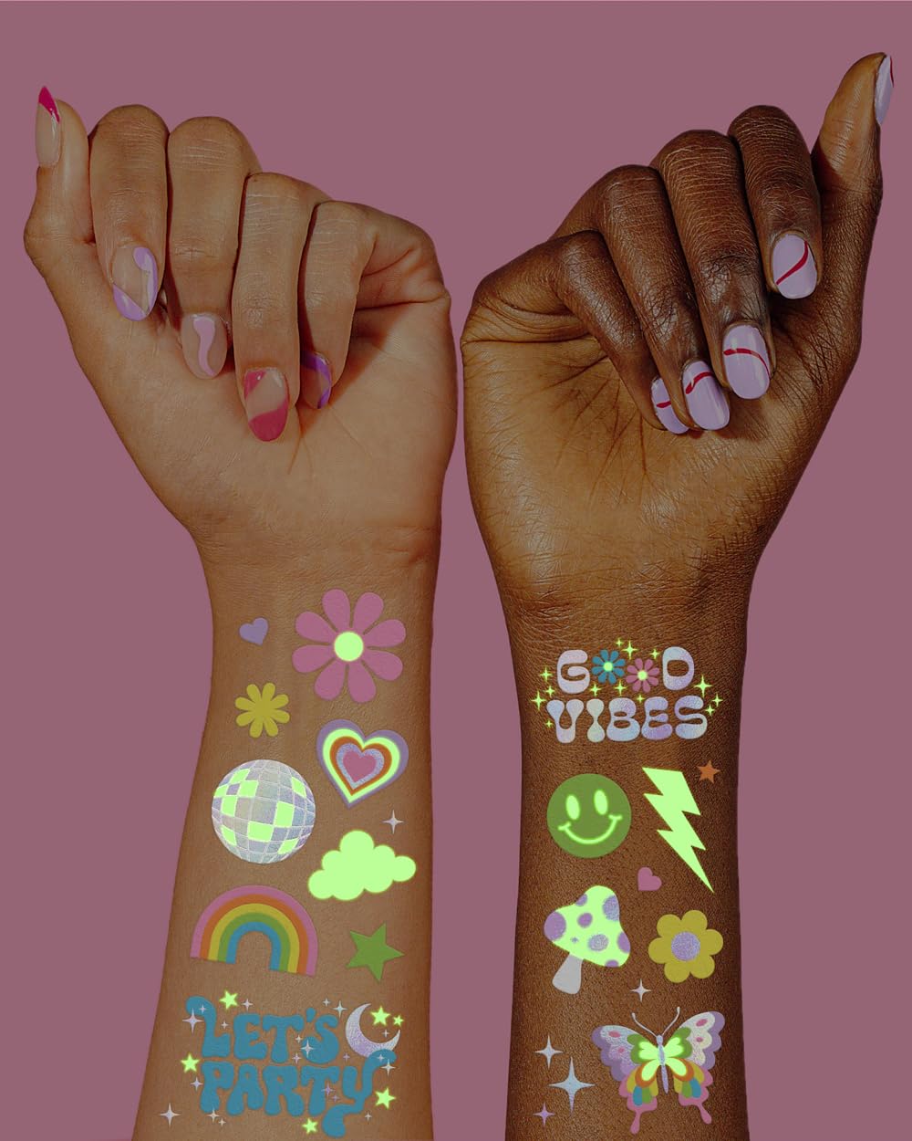 xo, Fetti Groovy Disco Glow in Dark + Foil Temporary Tattoos - 82 pc | Flower Power Birthday Party Supplies, Rave Bachelorette Party Favors, Smiley Beauty and Personal Care xo, Fetti