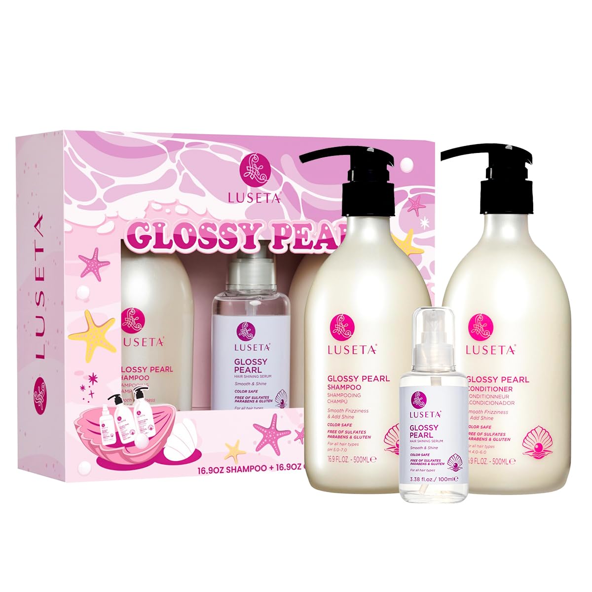 Luseta Glossy Pearl Trio Hair Care Set Smoothing & Moisturizing Shampoo and Conditioner Hydrating Hair Oil Detangle,Nourish Strands Add Shine