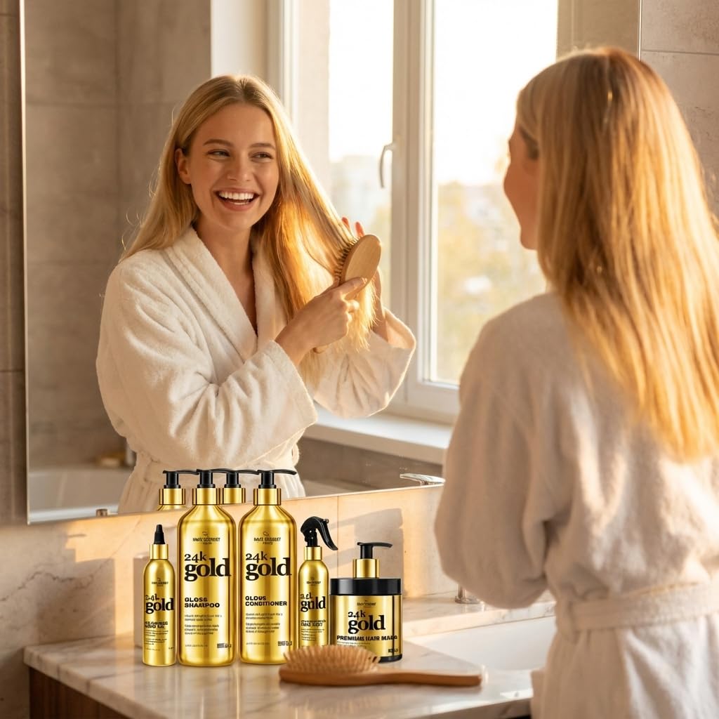 Hair Chemist 24K Gold 5-PC Complete Hair Care Set - Large Shampoo, Conditioner, Hair Oil, Hair Mist & Deep Hair Mask - Strengthening, Hydrating