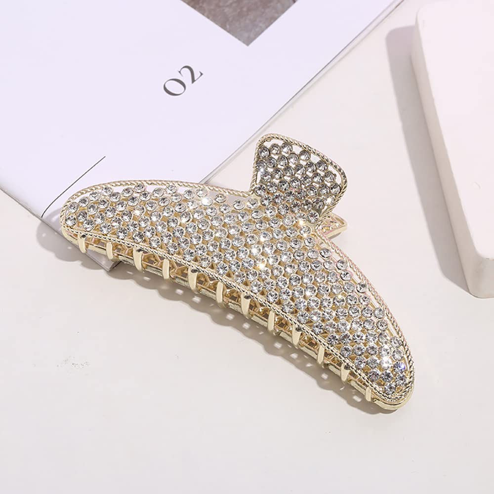 2 Pack Large Rhinestone Hair Clips, Crystal Pearl Hair Claw Clips, Black Gold Jumbo Jaw Clip, Nonslip Hair Claw for Thick Long Hair, Fashion Hair