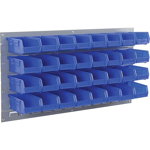 Global Industrial Wall Bin Rack Panel with (32) Blue Bins, 36x7x19