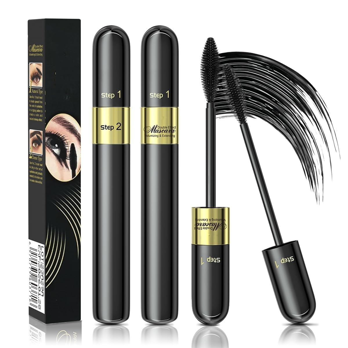 2 in 1 Lash Mascara - 4D Lashes Mascara with black Mascara for 5x Longer Waterproof Wear lasting No Clumping Superstrong (2-1PCS)