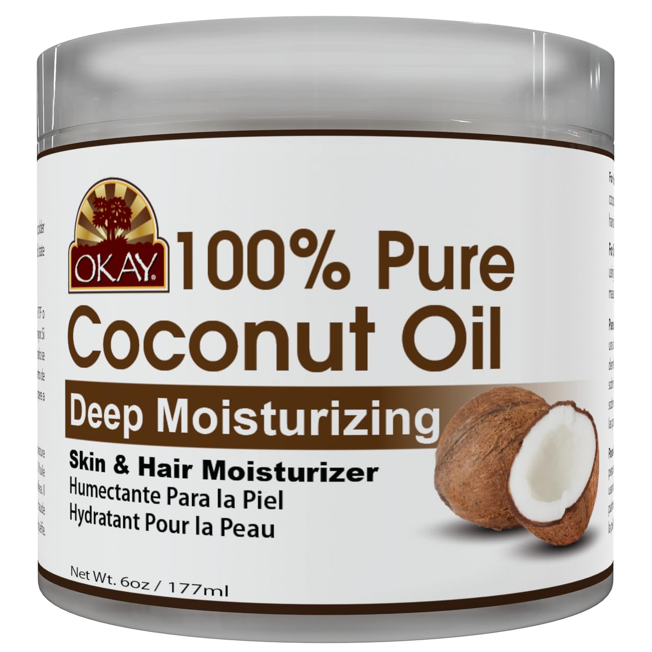 OKAY 100% Pure Coconut Oil for Hair & Skin - Coconut Oil for Women & Men, Perfect for Hair & body, Natural Massage Oil & Moisturizer - 6 fl oz Jar