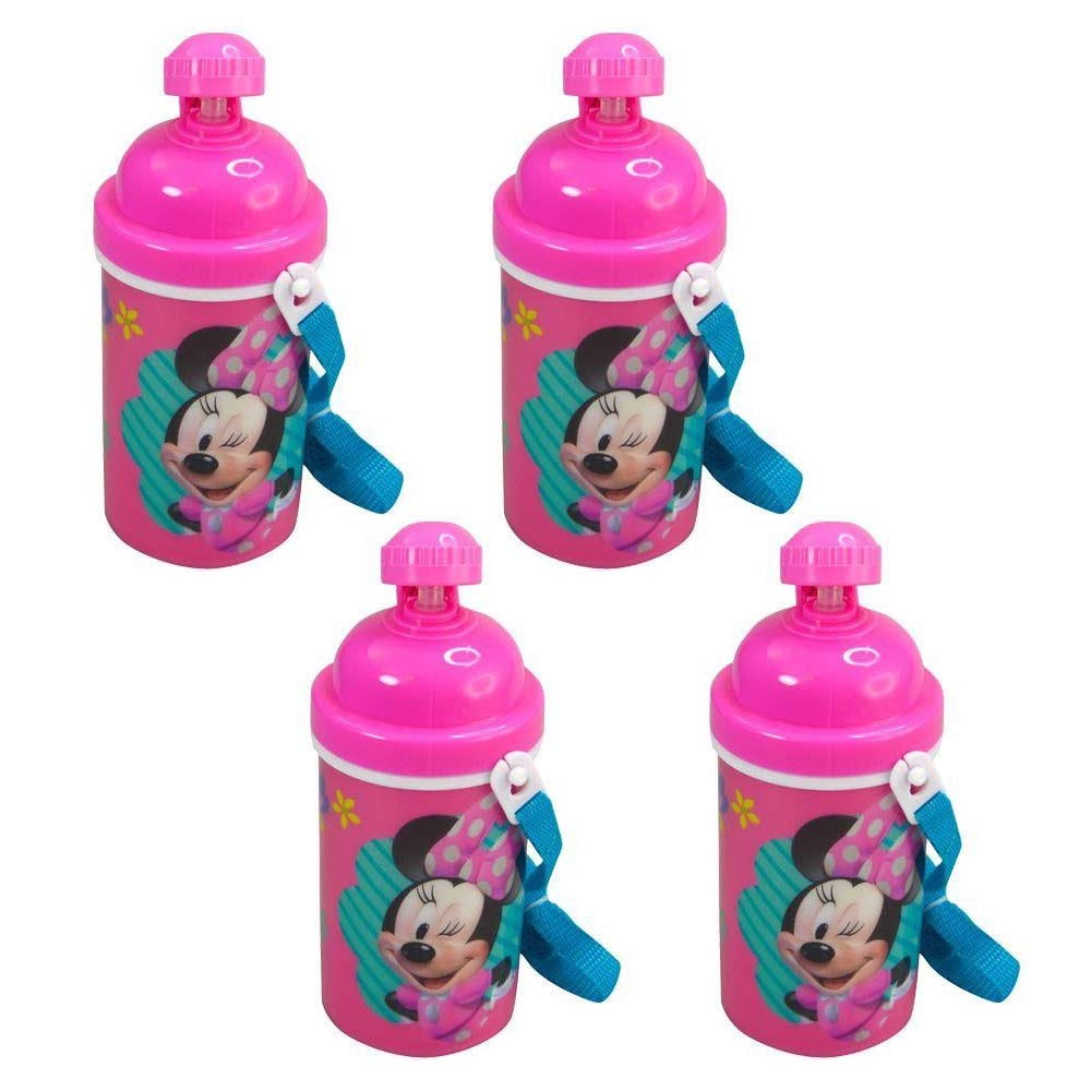 Zak Designs [4-Pack] Disney Minnie Mouse Kids 12oz Pop-up Lid Canteen Water Bottles with Carrying Strap