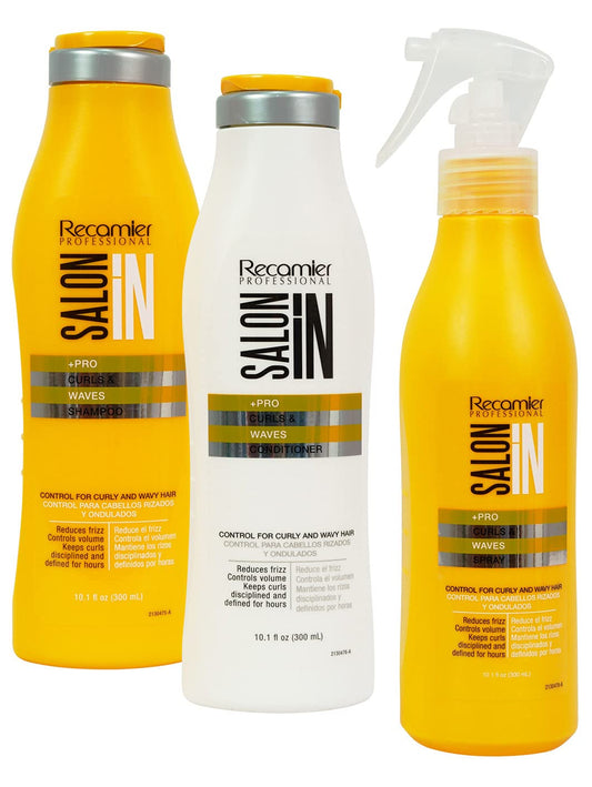RECAMIER Professional Salon In Hydrating Shampoo + Hidratante Acondicionador + Rizo Refresher Spray Set para Cabello Rizado | Champu y Acondicionador