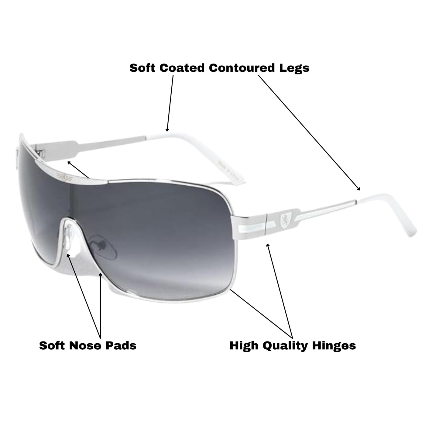 Khan Wrap Around Shield Aviator One Piece Gradient Lens Sunglasses (Silver & Black Frame, Black Gradient Lens)