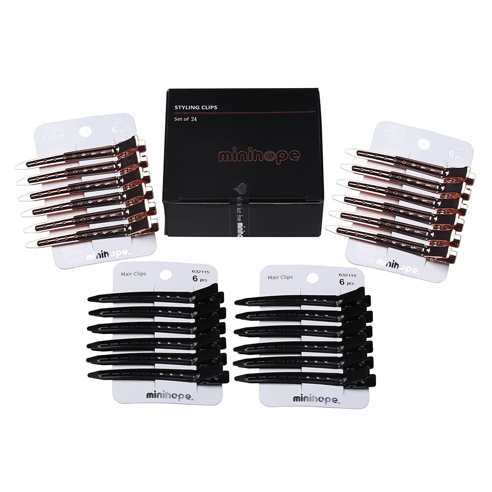 minihope 24 Packs Duck Bill Clips, 3.54 Inches/9cm Rustproof Metal Alligator Curl Clips for Hair Styling,makeup.,Hair Coloring, 12 Black,12 Rose gold.