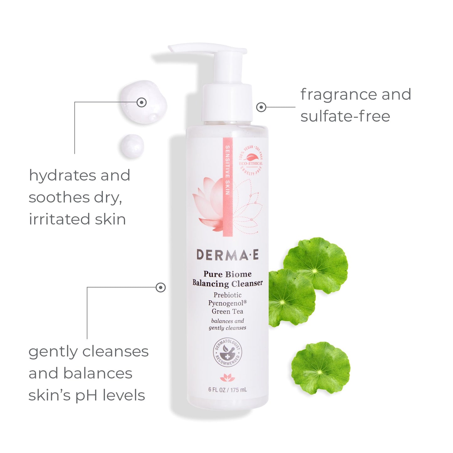 Derma E Pure Biome Balancing Cleanser- For Sensitive Skin Fragrance-Free, 6oz