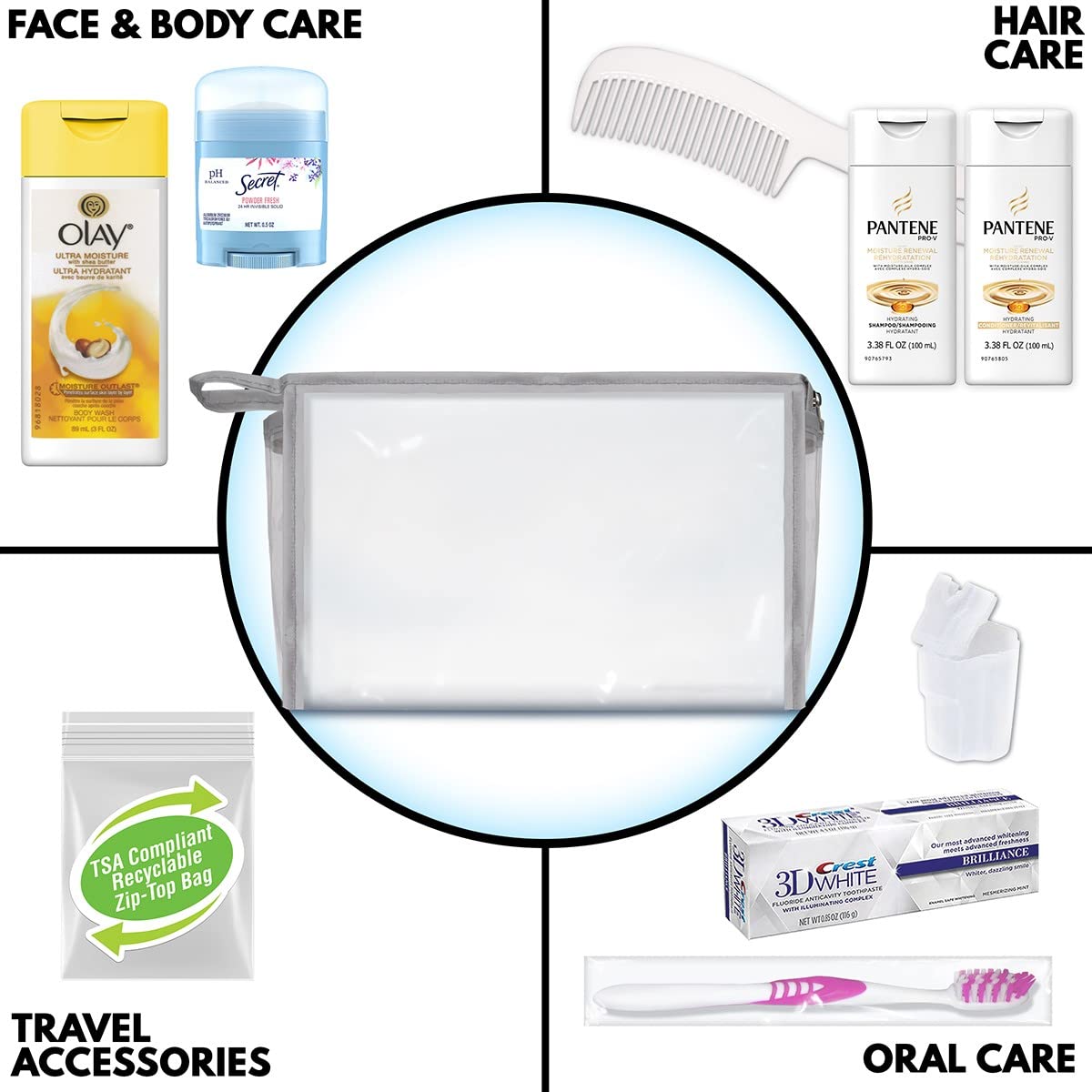 Convenience Kits International Women's 10-Piece Deluxe Kit with Travel Size TSA Compliant Essentials, Featuring: Pantene Hair Products in Reusable