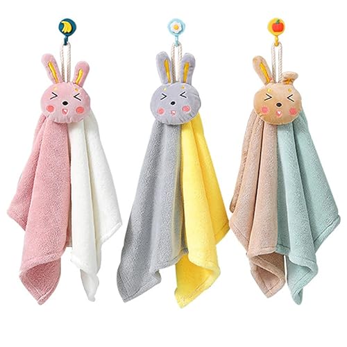 Ewanda 3 Pack Cute Rabbit Hand Towels with Hanging Loop, Kids Hanging Towels for Kitchen & Bathroom