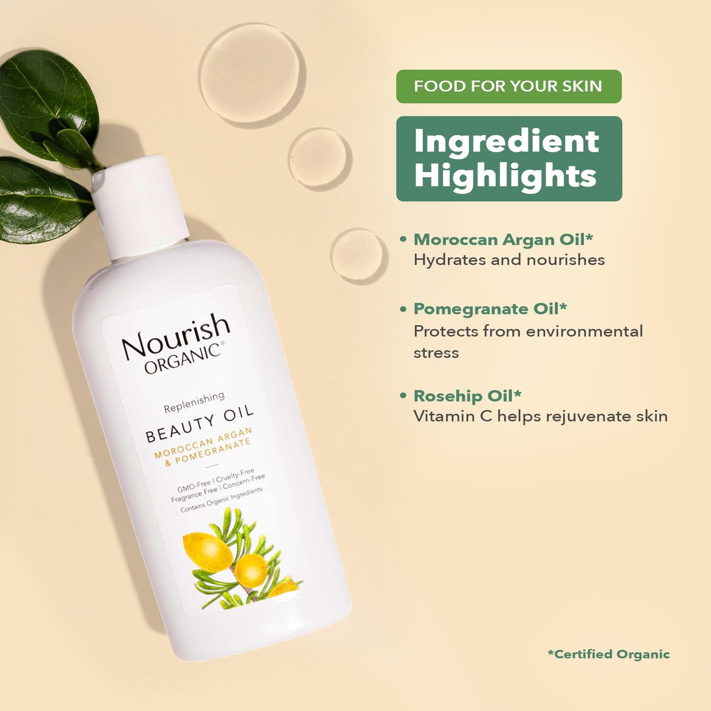 Nourish Organic Beauty Oil - Replenishing Body Oil with Moroccan Argan Oil, Pomegranate, Rosehip Oil & Vitamin E, 3.4 Oz + Washable Cotton Round.