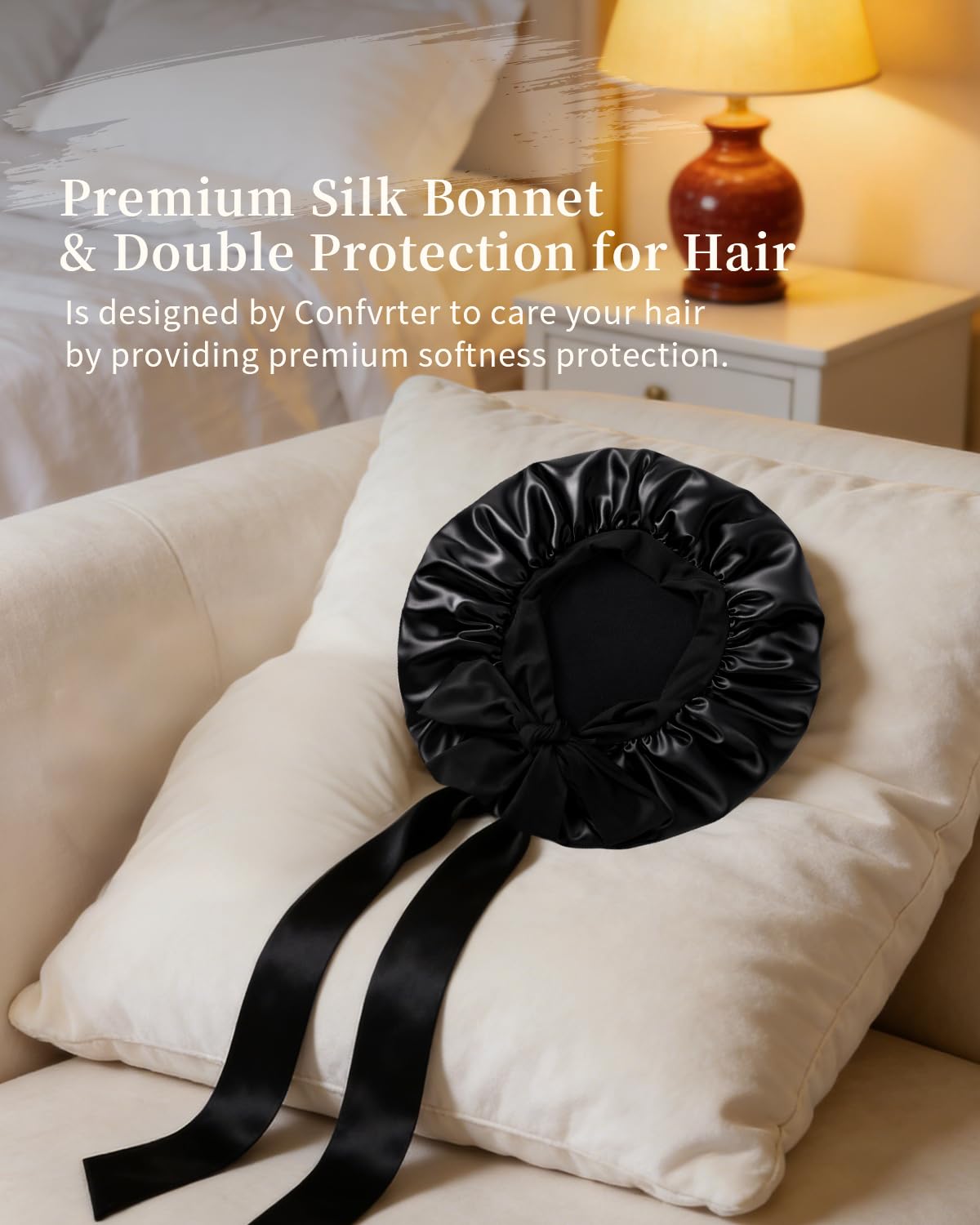 Silk Bonnet Satin Bonnet for Sleeping Large Bonnets with Tie Band Hair Wrap with Adjustable Straps Hair Cap for Women Curly (Black+Champagne) Beauty and Personal Care Confvrter